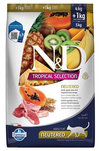 N&D ND Tropical Selection Kuzu Etli Kısırlaştırılmış Kedi Maması 4kg +1kg Hediyeli