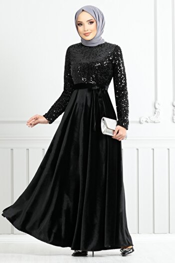 ModaMerve Black Velvet Evening Dress with Sequins, Model 2015Efy931-M
