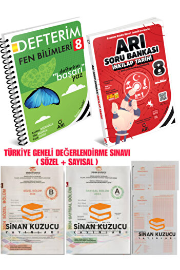 SİNAN KUZUCU YAYINLARI Türkiye Geneli Değerlendirme + 8. Sınıf Fen Bilimleri Defterim + T.C. İnkılap Tarihi Arı Soru Ba