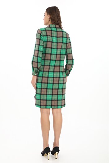 etselements Green Long Sleeve Shirt Dress - Lumberjack Fabric with Pockets and Slits 7072