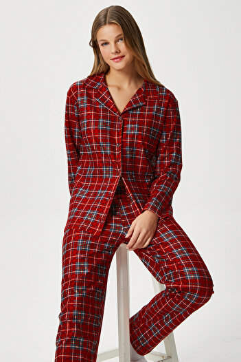 Ritnice Women's Nora Premium Red Plaid Suede Texture Button Christmas Pajamas Set