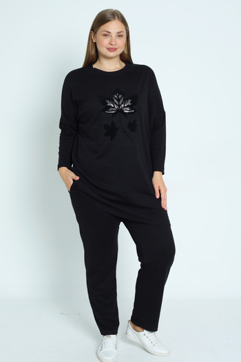 İntensive Women's Black Plus Size Stone Detailed Cotton Pocket Long Sleeve Bottom Top Suit