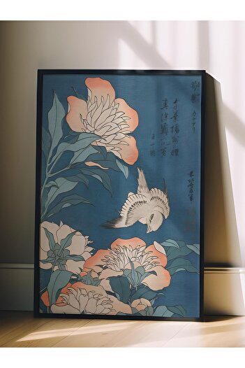 Postifull Siyah Çerçeveli Tablo, Poster ve Çerçeve Seti, Hokusai - Peonies And Canary Comfort Serisi NO:108694
