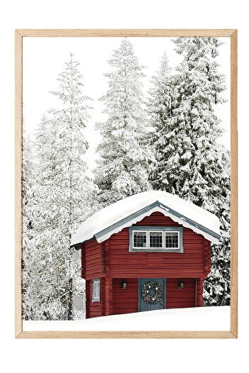 Postifull Wooden Framed Painting, New Year Poster, New Year Decoration, Red Holiday Cabin Comfort Series No:108646