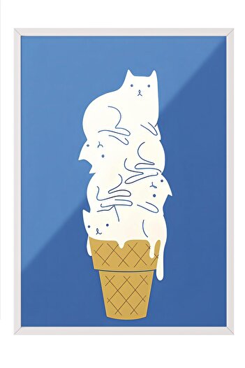 Postifull White Framed Painting, Artistic Design Wall Painting, Cats Ice Cream Comfort Series No:108731