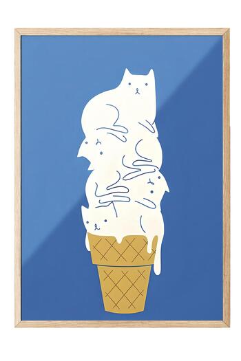 Postifull Wooden Framed Painting, Poster and Frame Set, Cats Ice Cream Comfort Series No:108731