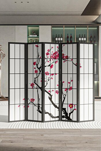 Fupe Shop Doğal Ahşap Japon Stil Sakura Ağacı 5 Kanat Tek Taraf Baskılı Paravan Seperatör Oda Bölme
