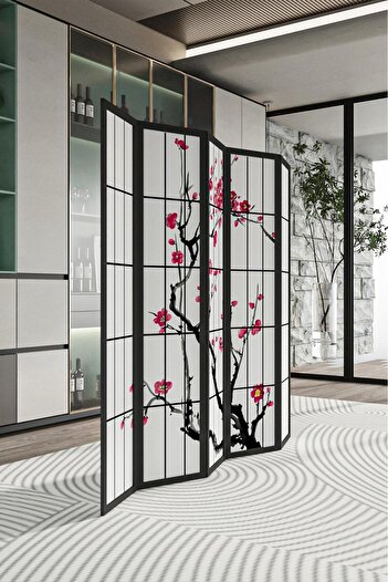 Fupe Shop Doğal Ahşap Japon Stil Sakura Ağacı 5 Kanat Tek Taraf Baskılı Paravan Seperatör Oda Bölme