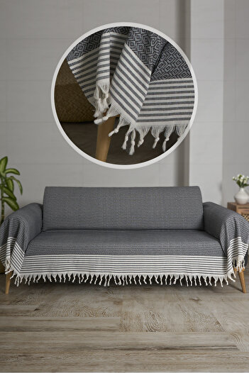 Akaystore Kaliteli Pamuklu Saçaklı Koltuk Örtüsü - 180x300 cm - Sırt, Oturma ve Kol Kısımlarını Kaplar