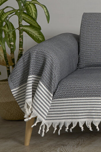 Akaystore Kaliteli Pamuklu Saçaklı Koltuk Örtüsü - 180x300 cm - Sırt, Oturma ve Kol Kısımlarını Kaplar
