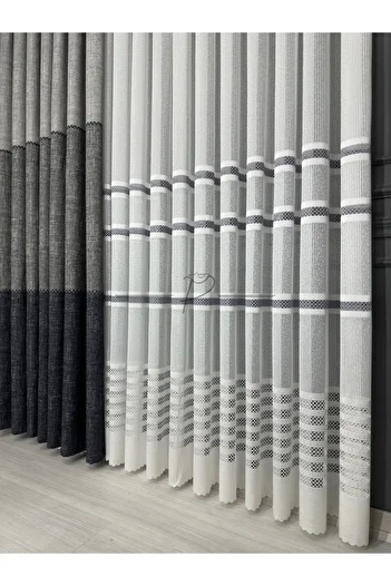 rendecioğlutekstil 1X3 Close Pleat Gray Banded Tulle Curtain Applique - Zongbo Patterned