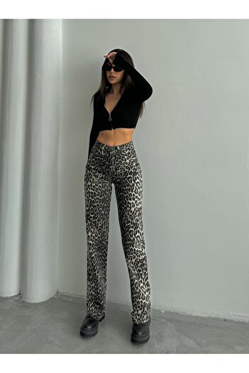 Swet Shop Jeans Kadın Leopar Desenli Yüksek Bel Likralı Geniş Paça Palazzo Pantolon