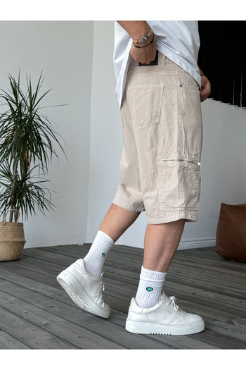 BYBASICMAN Beige Zipper Pocket Cargo Shorts B-3072