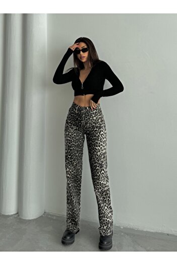 Swet Shop Jeans Kadın Leopar Desenli Yüksek Bel Likralı Geniş Paça Palazzo Pantolon