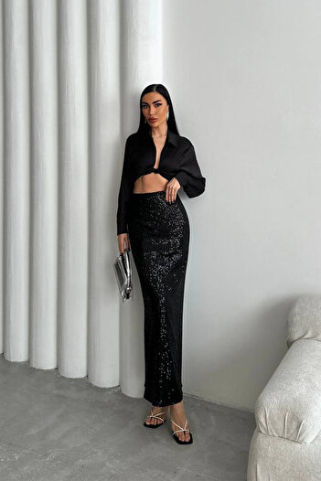 Ortaya Çık Black Sequined Long Skirt