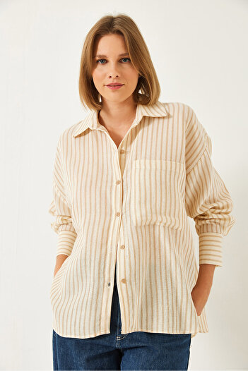 Bianco Lucci Women's Striped Single Pocket Oversize Shirt