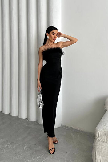 Ortaya Çık Black Feather Detailed Strapless Dress
