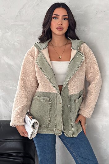 FEMELLE Women's Khaki Snap Button Jeans Garnished Hooded Plush Jacket