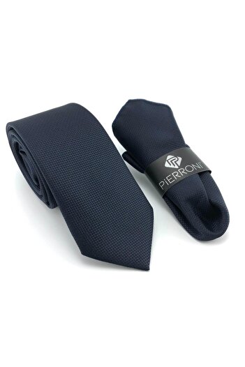 PİERRONİ Dark Navy Blue Oxford Pattern Handkerchief Tie