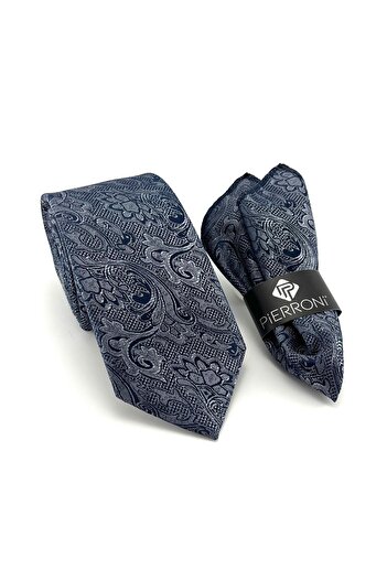 PİERRONİ Gray Navy Blue Patterned Handkerchief Tie