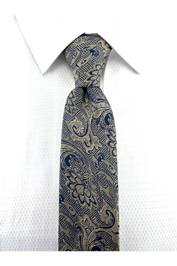 PİERRONİ Beige Navy Blue Patterned Handkerchief Tie