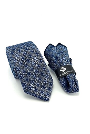 PİERRONİ Blue Navy Blue Patterned Handkerchief Tie