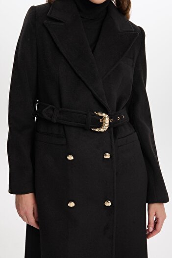 Zühre Double Breasted Collar Belt Detailed Black Coat 13109