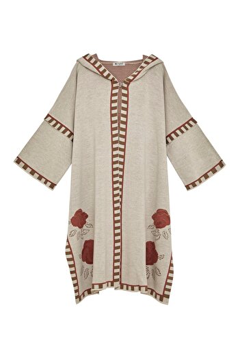 Uludağ Triko Women's Stone Stripe Tape Rose Pattern Hooded Poncho