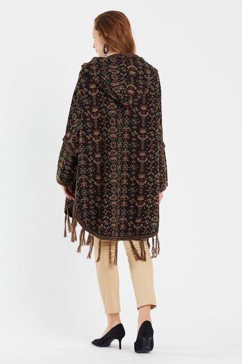 Uludağ Triko Silver Floral Patterned Kilim Poncho