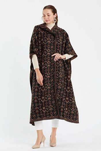 Uludağ Triko Silver Floral Pattern Hooded Poncho