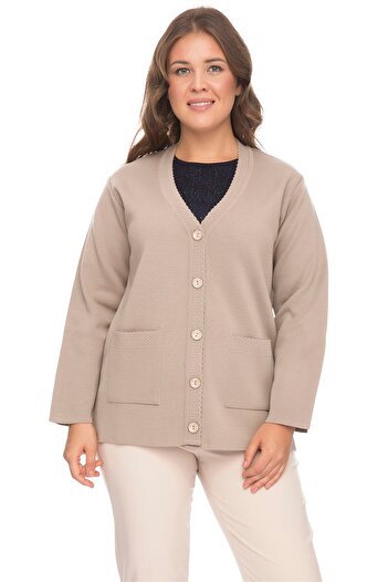 Uludağ Triko Women's Sand Buttoned Steel Knitted Cardigan