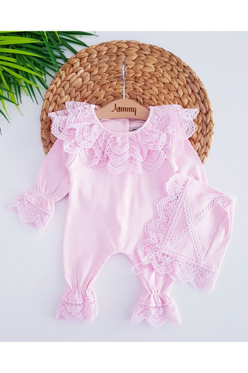 Jammybaby Carmen Jumpsuit Guipure Lace Hat 100% Cotton Combed Cotton Baby Girl Set Newborn Mevlüt Hospital Discharge