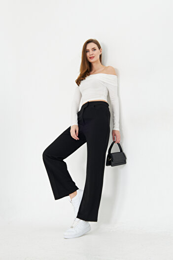 Kutaf Black Wide Leg Wide Leg Velcro Closure Pleat Detail High Waist Woven Fabric Pants