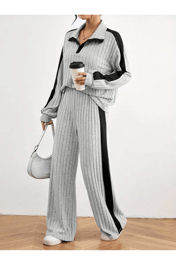 Moda Monisa Color Block Camisole Casual Pants Set & Long Sleeve Lapel Detailed Wide Leg Trousers