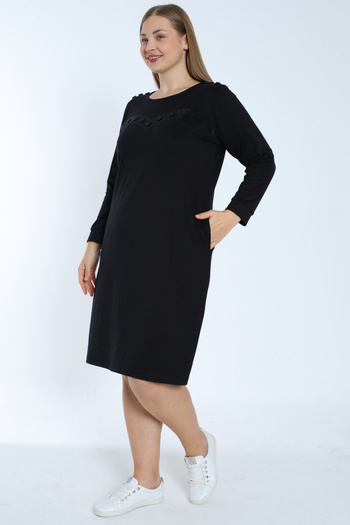 İntensive Women's Black Plus Size Long-Sleeved Cotton Dress with Stone Detailed Pockets