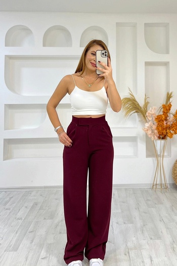 İrka Moda Elastic Waist Velcro Palazzo Red Trousers