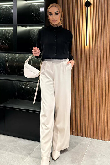 julude Beige Women's High Waist Velcro Wide Leg Palazzo Hijab Pants