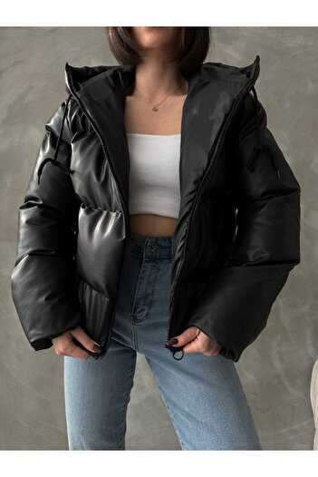 MEECY Women's Black Hooded Puffer Leather Coat