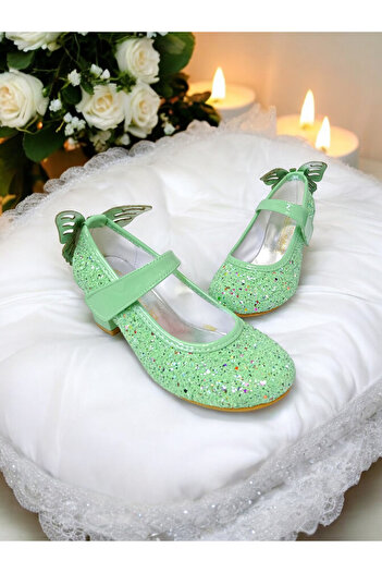 PATİK BEBE Green Color Heeled Butterfly Stylish Evening Shoes for Girls