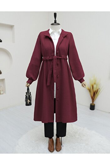 Modamorfo Judge's Collar Tunnel Lace-Up Cashew Coat - Burgundy