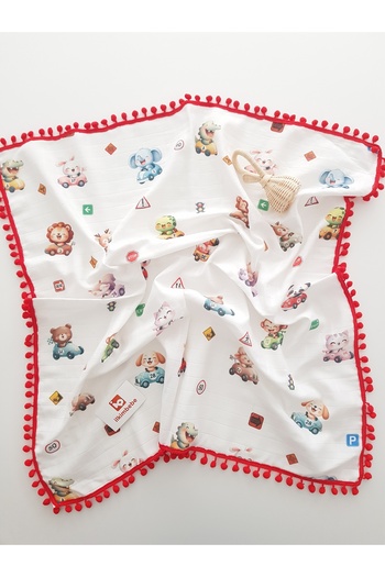 ilkimbebe 85X90 Pompom and Animal Patterned Muslin Newborn Baby Blanket - 100% Cotton