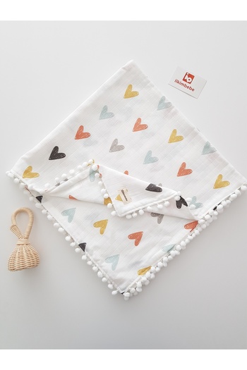 ilkimbebe Double Layer Heart Muslin Baby Blanket - 85X90 Pompom, 100% Cotton