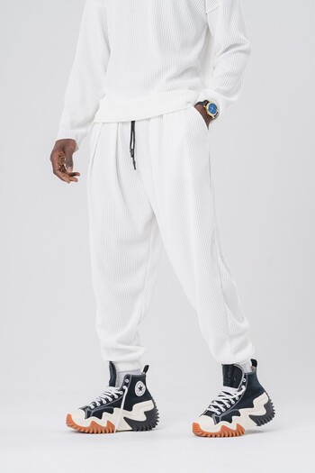 go gang own Ribbed Elastic Waist and Leg Pleated Loose Baggy