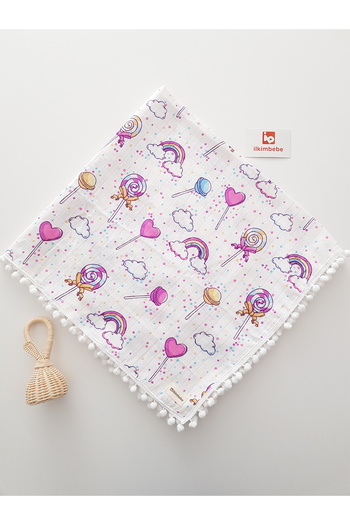 ilkimbebe 85X90 Rainbow - Pompom, Single Layer, Muslin Patterned Baby Blanket, 100% Cotton