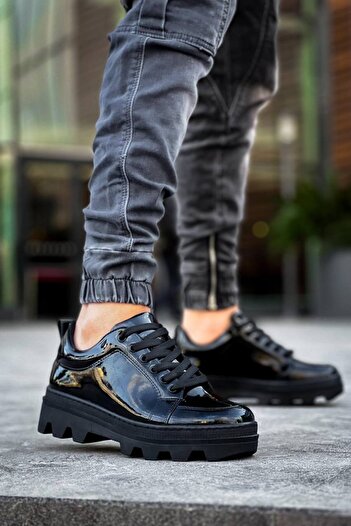 BOA Kb 056 Black Patent Leather Black High Sole Casual Sneakers