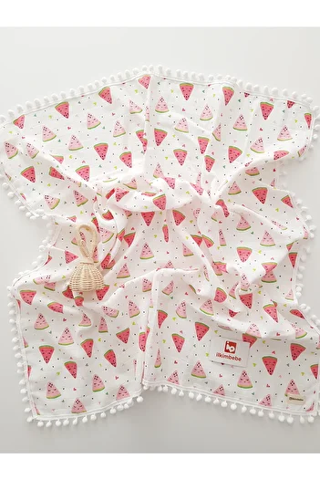 ilkimbebe 85X90 Watermelon Pompom Muslin Newborn Baby Blanket - 100% Cotton