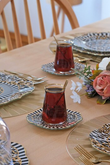 Glore Leopard Gold Gilded 12-Piece Glass Tea Set for 6 People