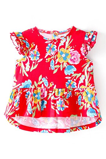 Babyhug Babyhug Cotton Knit Frill Sleeves Floral All Over Printed Frock Style Top - Red