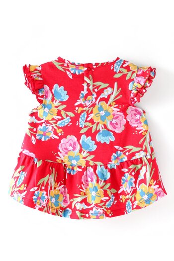 Babyhug Babyhug Cotton Knit Frill Sleeves Floral All Over Printed Frock Style Top - Red