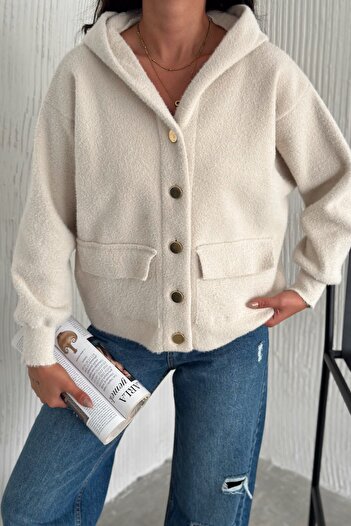 FEMELLE Women's Ecru Standard Size Buttoned Pocket Hooded Soft Knitwear Jacket